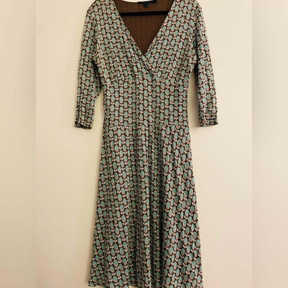 Boden Geometric Long Sleeve Wrap Dress in Duck Blue and Brown